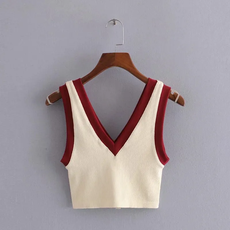 Crop tank top vrouwen contrast beige brede bandjes vrouw sport mode v nek sexy vrouwen zomer s 210519