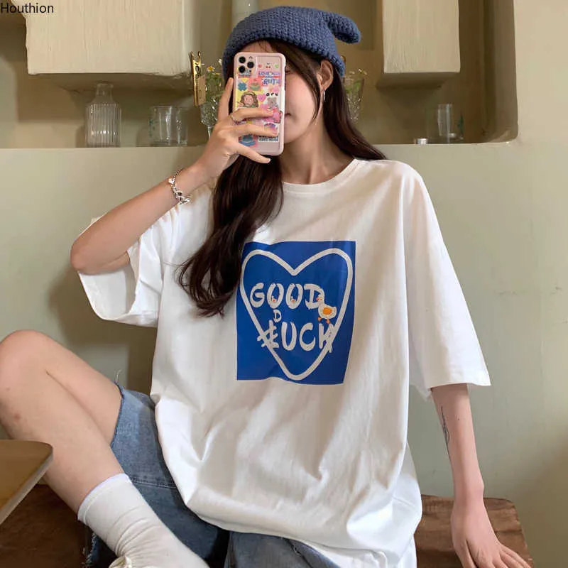 T-shirt oversize da donna estiva Crop Top Lettera Pint Loose Plus Size Tshirt New Casual Fashion Cotton O-Collo T-shirt Houthion Y0621