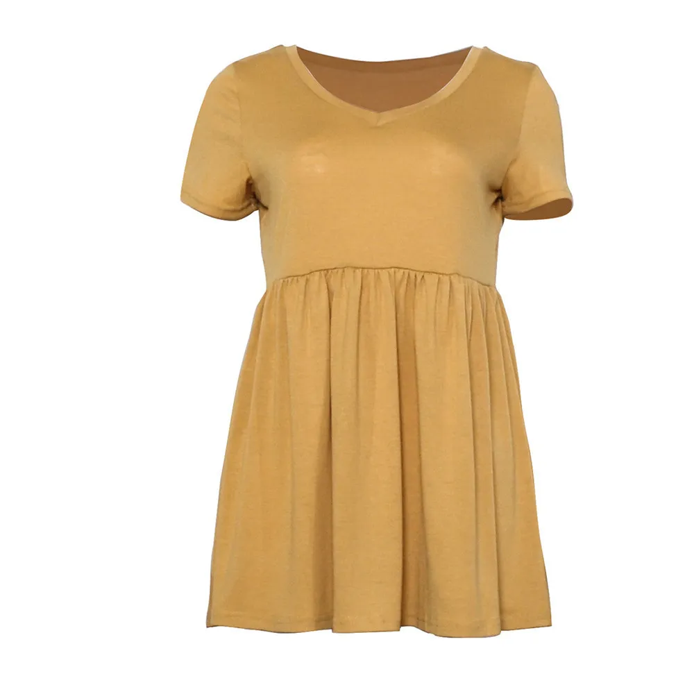 Frauen Sommer T-Shirts Casual Kurzarm Einfarbig V-ausschnitt Lose Pullover Tunika Tops Weibliche Rüschen A-line T-shirt 210522