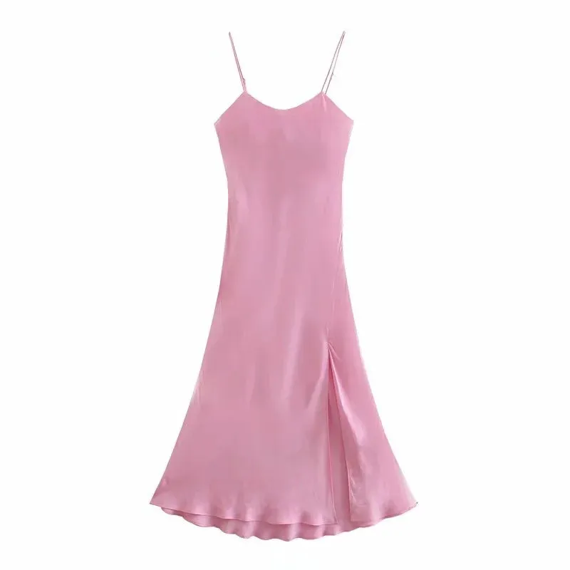 Vestido Mujer Rosa Camisola Satén Largo es Mujer Verano Sin Espalda Slip Sexy Party es Ladies Slit Midi 210519