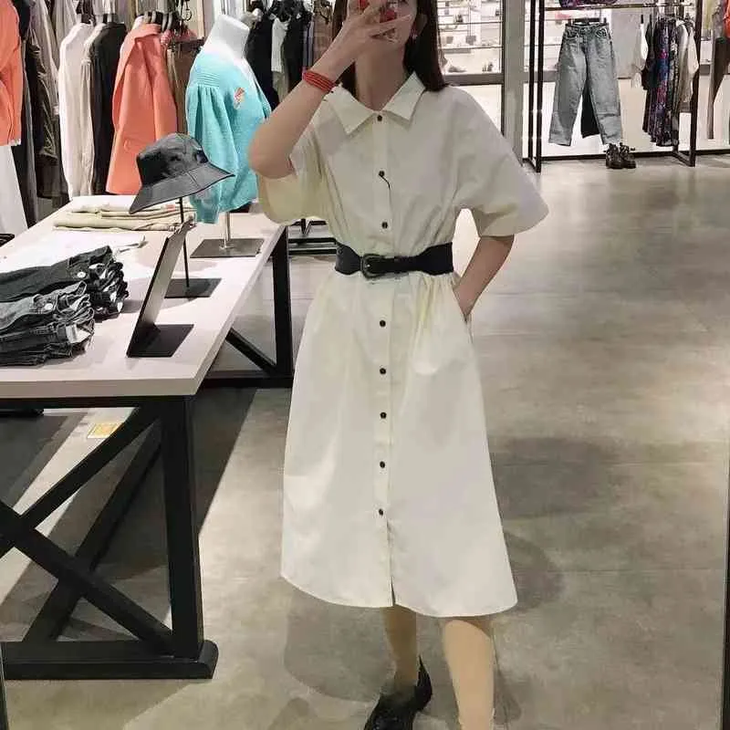 Summer Fashion Bandage Shirt Dress Women Simple Turn-down Collar Vestidos Mujer Single Breasted Office Lady Dresses Women 210514