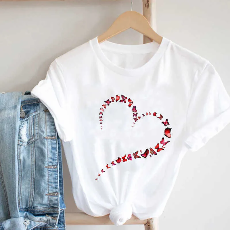 Kobiety Drukowanie Kwiatowy Trend Kwiatowy Styl Cute Love Walentynki Moda Ubrania Drukuj Tee Top Tshirt Kobiet Koszulka Graficzna X0527