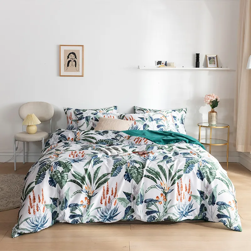 Nordic Wash Ice Fabric Floral Ensemble de literie Housse de couette Queen King 220x240 Literie Drap de lit Linge de lit 150 Confortable