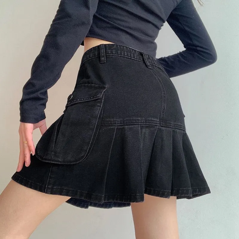 Womens Vintage Pleated Goth Denim Skirts Girl Dark Preppy Style Fashion Black High Waist Pockets Skirt 90s Korean 210517