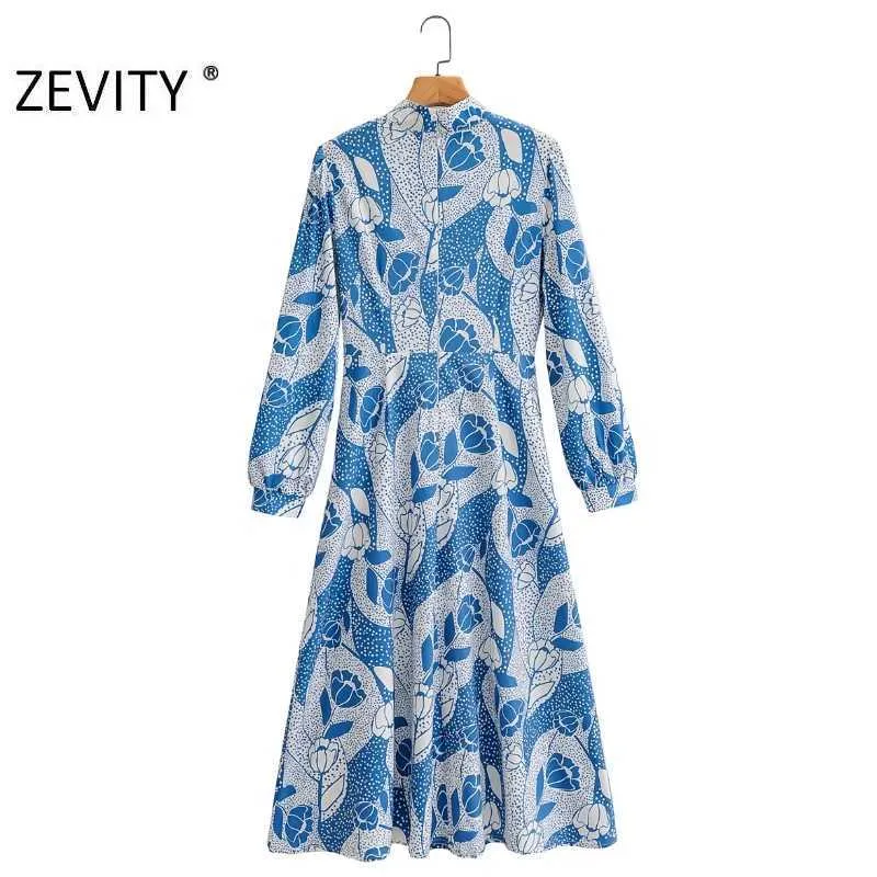 ZEVITY Women Euro Style stand collar printing chic A line Dress Female long sleeve Vestidos Casual slim brand Dresses DS4313 210603