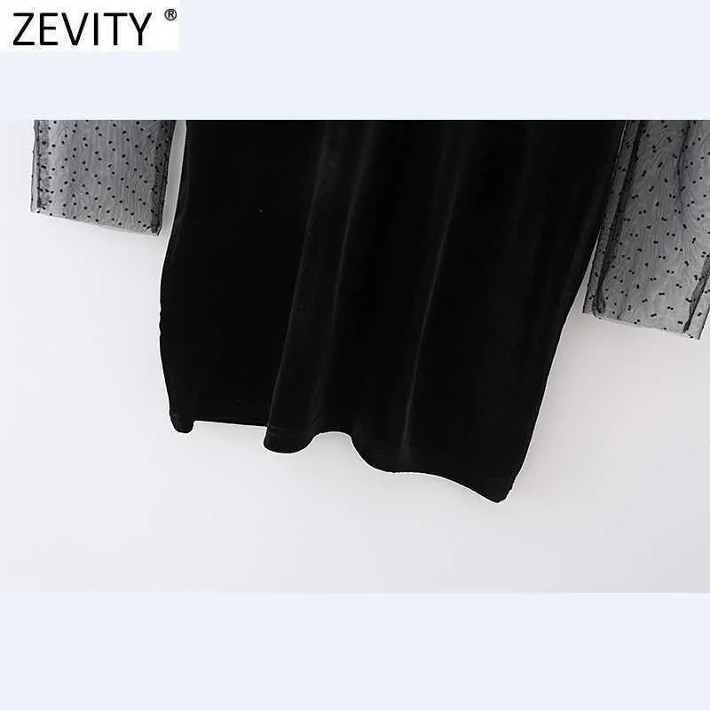 ZEVITY Kadınlar Seksi Perspektif Pleats Örgü İplik Patchwork Kadife Ince Mini Elbise Kadın Yüksek Sokak Parti Vestido DS4890 210603