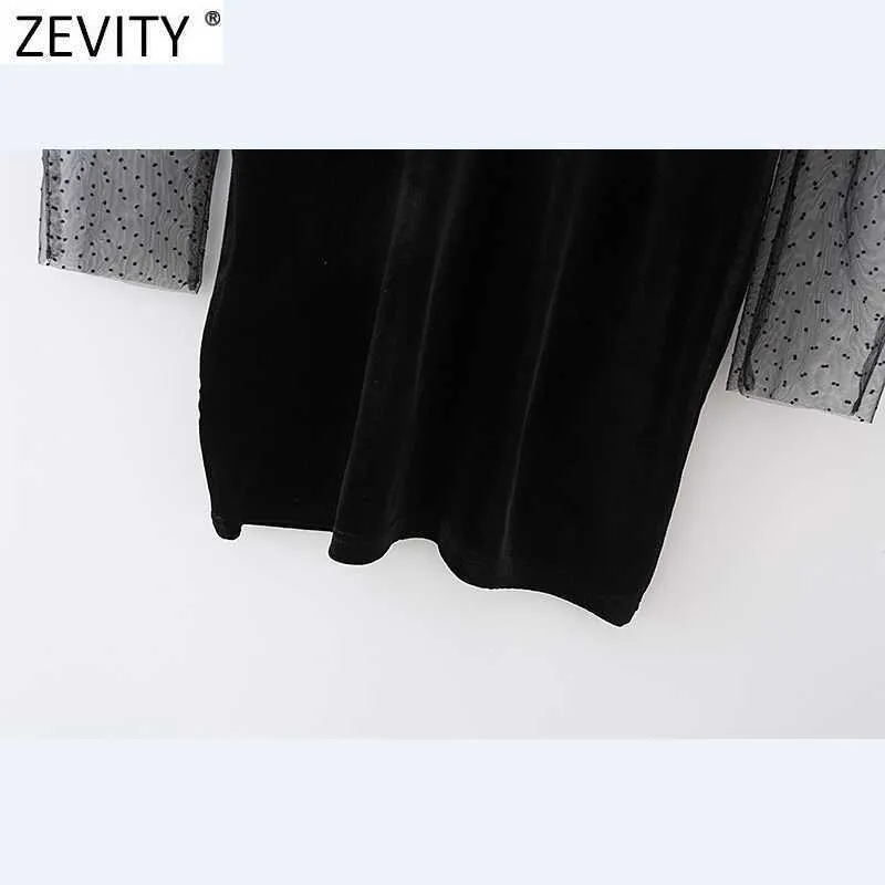 Zevity Women Sexy Perspektiv Platser Mesh Garn Patchwork Velvet Slim Mini Dress Kvinna High Street Party Vestido DS4890 210603