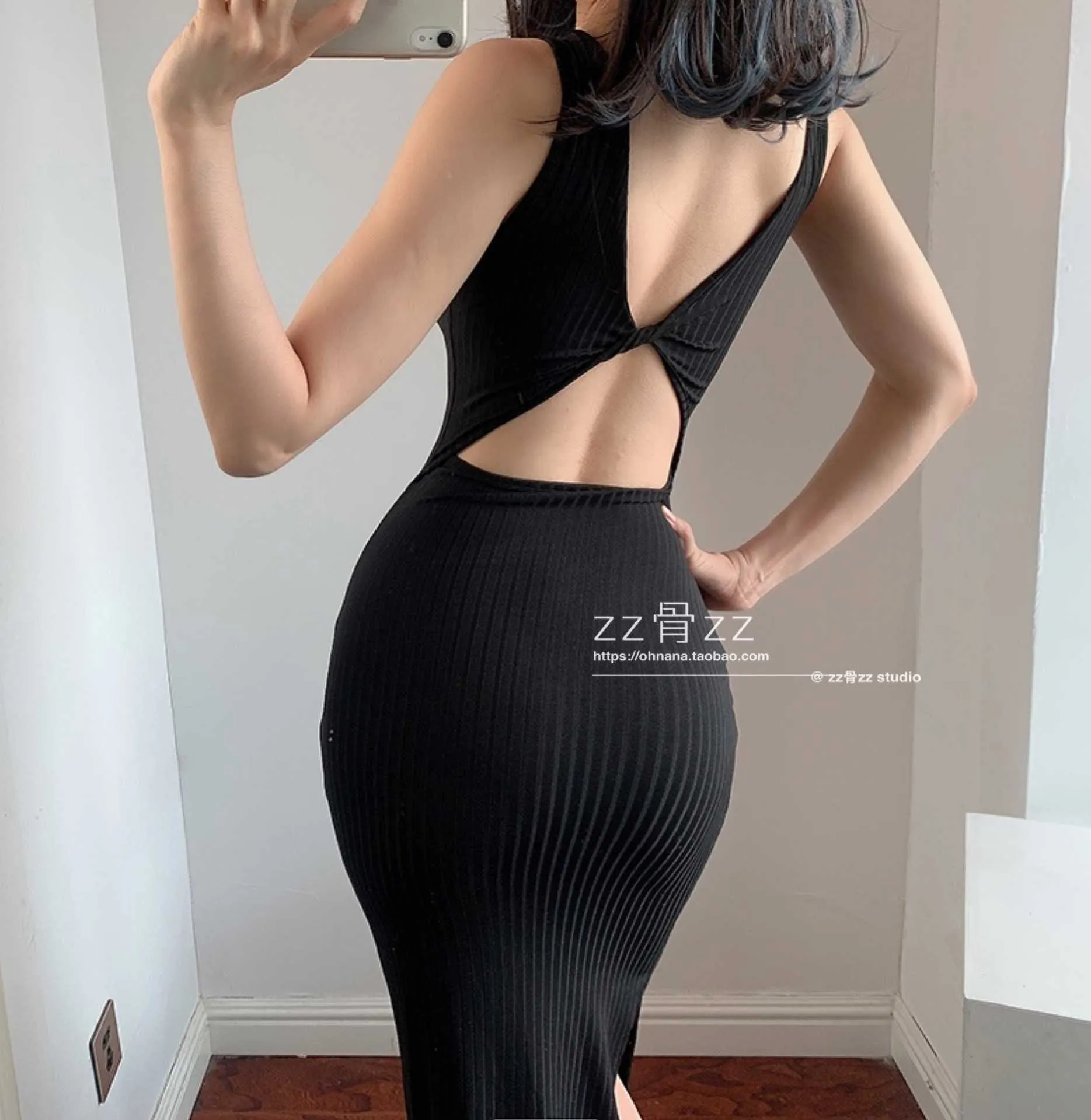 Yaz Elastik Ince Backless Hollow Out Seksi Siyah Uzun Örme Esneklik Ön Geri Maxi Parti Elbise Elbiseler Befree Q7 210603