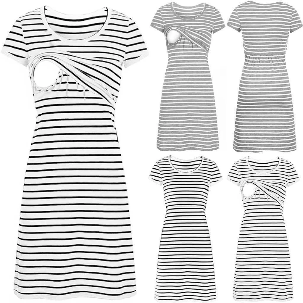 Kadın O-Boyun Hamile Elbiseler Hemşirelik Annelik Kısa Kollu Şerit Yaz Elbise Famale Moda Zarif Elbiseler Giyim L3 Y0924