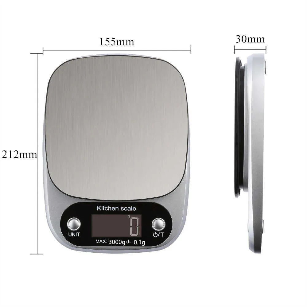 10 kg digitale Küchenwaage, 3 kg/0,1 g Lebensmittelwaage, Multifunktionsgewicht, elektronische Back- und Kochwaage, Edelstahlplattform 210915