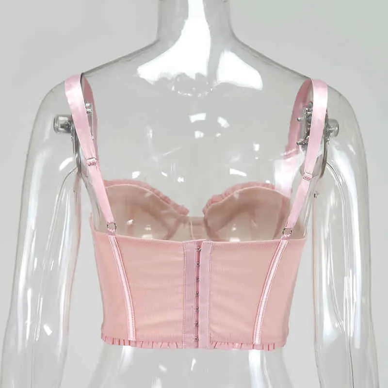 Asia Underwire Mesh Corset Women Sexy Boned Push Up Padded Crop Tops Summer Ruffles Back Single-Breasted Bustier Pink 210326