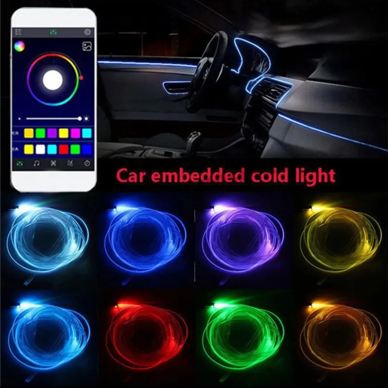 6-in-1-RGB-LED-Atmosphären-Autolicht, Innenraum-Umgebungslicht durch App-Steuerung, 8 m Glasfaserstreifen, Licht, flexible dekorative Lampe