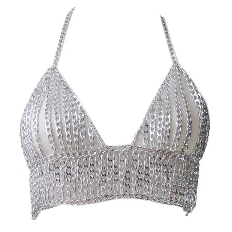 LXAE Boho Multicouche Chaîne En Métal Bijoux De Corps Bralette Femmes Poitrine Harnais Collier Plage Bikini Discothèque Sous-Vêtements Soutien-Gorge Rave X0726