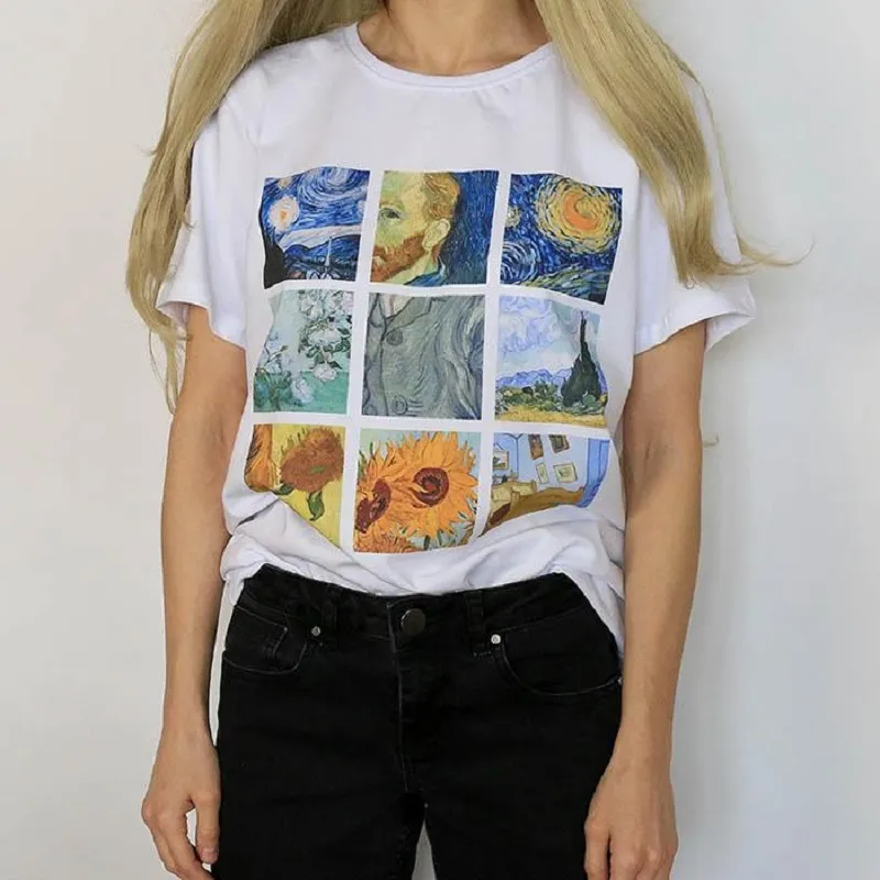 Kobiety Van Gogh Malarstwo Vintage T-Shirt Tumblr Grunge Estetyczne Drukowane Tee Krótkie Rękawy Białe Topy 210518