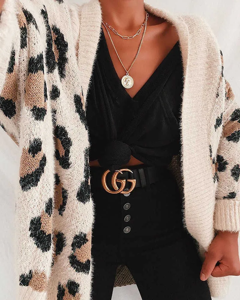 Fitshinling Fuzzy Leopard Long Cardigan Female Bohemian Slim Batwing Sleeve Overized Sweaters Cardiagns For Women Winter Coat 210805