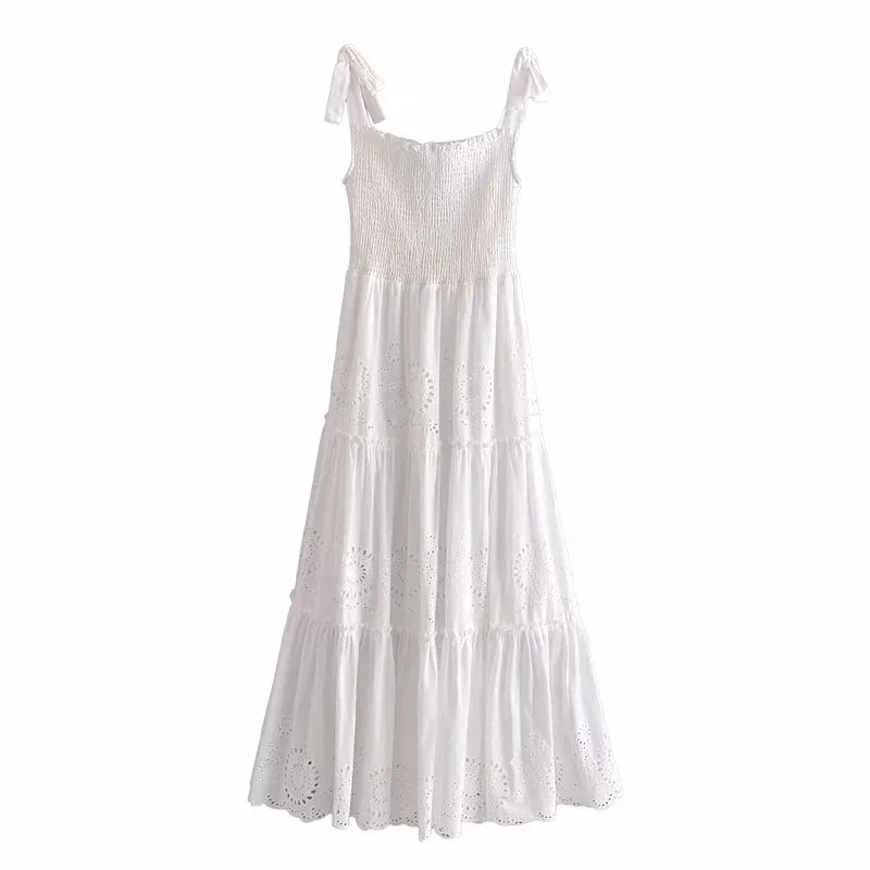 Summer Dress Woman Cutwork Embroidery White Slip Long es Women Casual Tie Up Strap Ruffle Beach Midi 210519