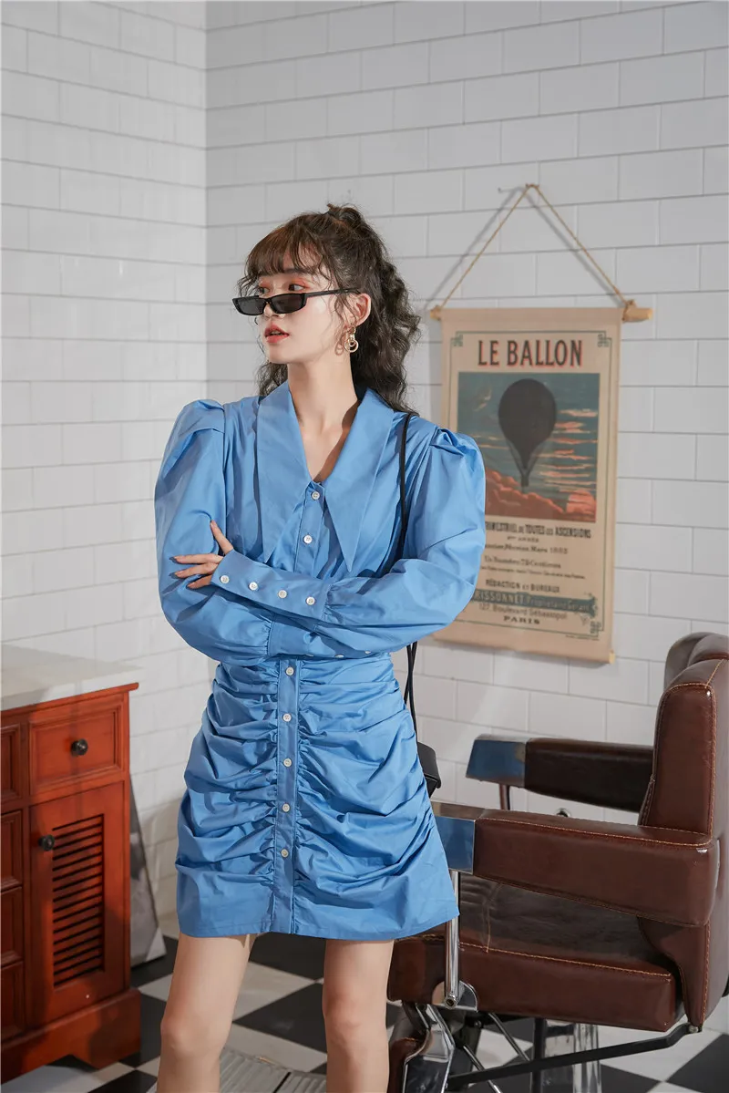 秋のパフスリーブブルーRUCHEDドレス女性ボディコンロングチュニックボタンアップカラーミニデザインファッション210427