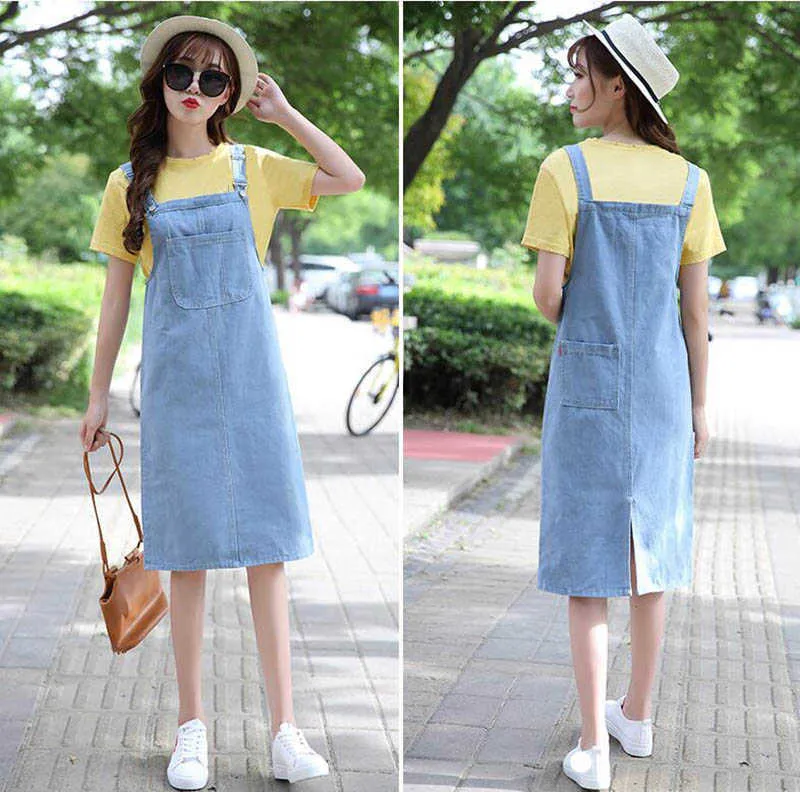 Large Pocket Denim Dress for Women Summer Adjustable Strap A-line Back Split Knee-length Loose Korean Vestido Blue 210604