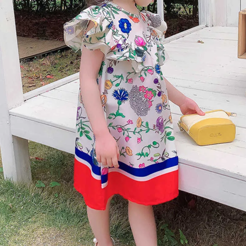 ガールズドレス人形襟花夏飛行スリーブプリンセスパーティーストライプ子供赤ちゃん子供服210611