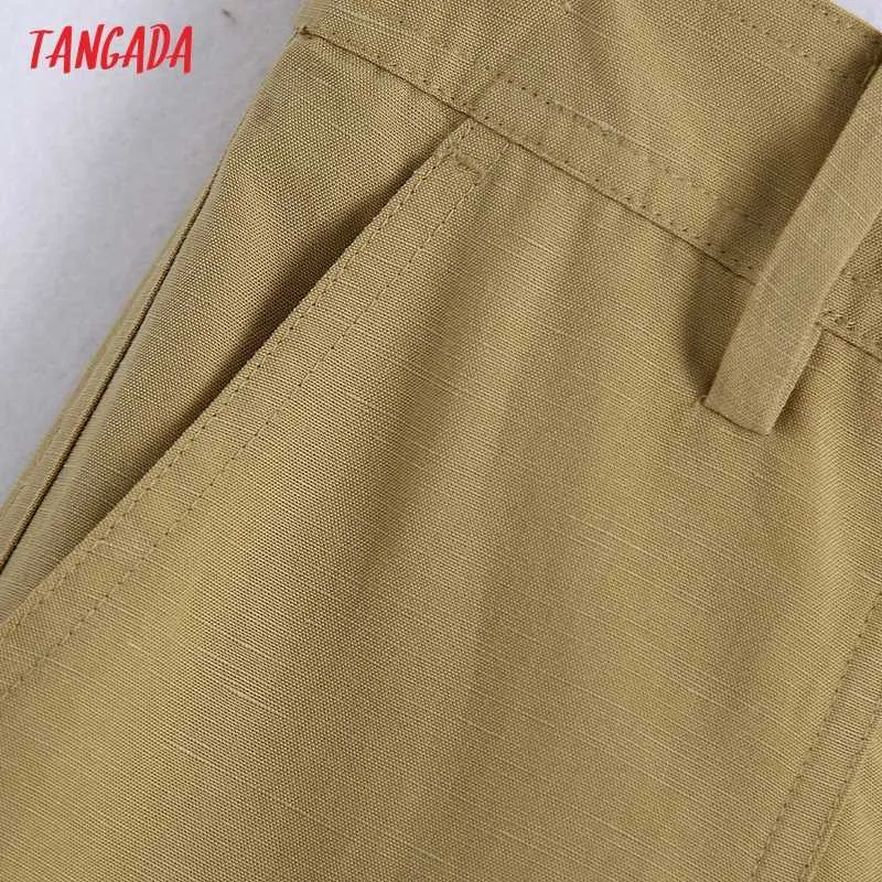 Tangada Mode Frauen Khaki Anzug Hosen Hosen Taschen Knöpfe Büro Dame Hosen Pantalon BE809 210609