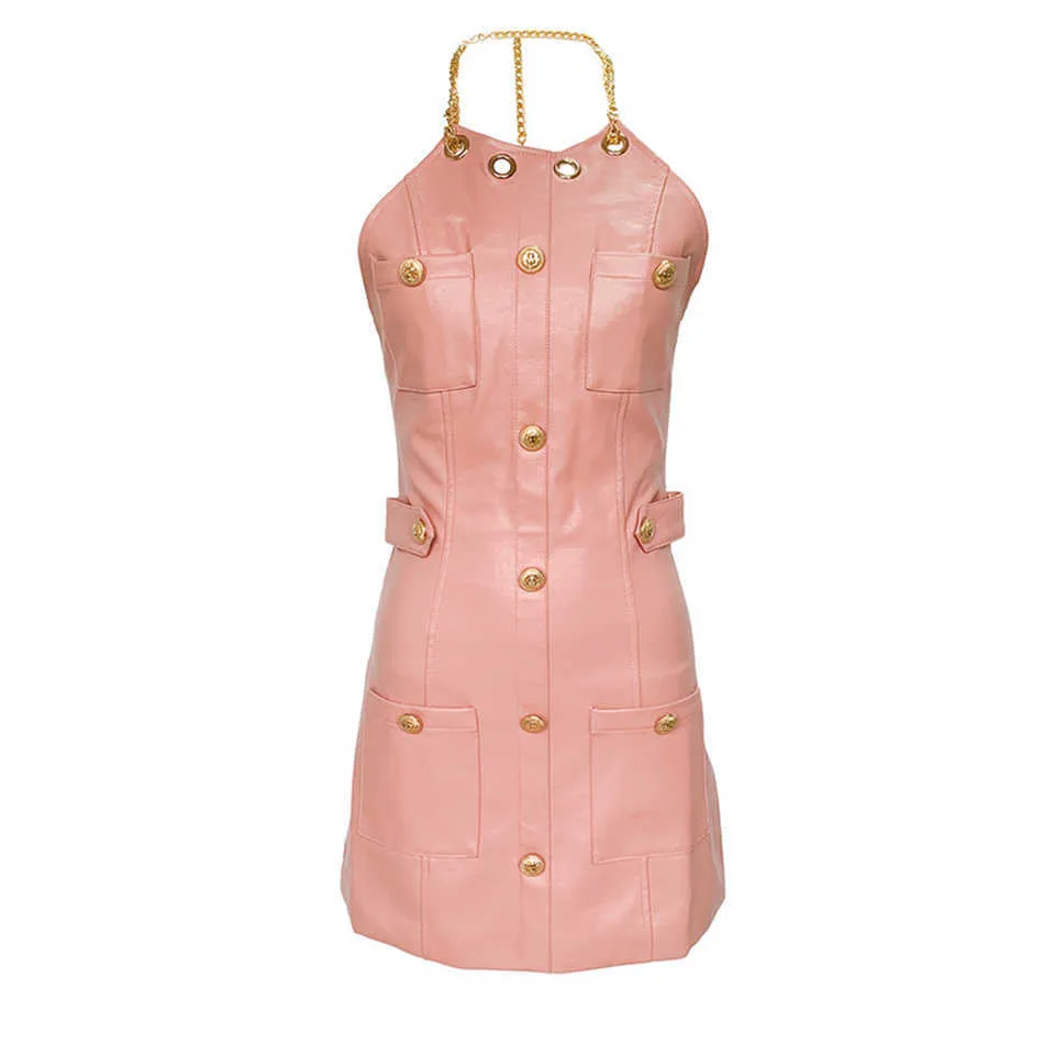 Robe en cuir PU rose deux pièces sexy femmes manches châle bouton chaîne moulante club fête mini robes mode 210527