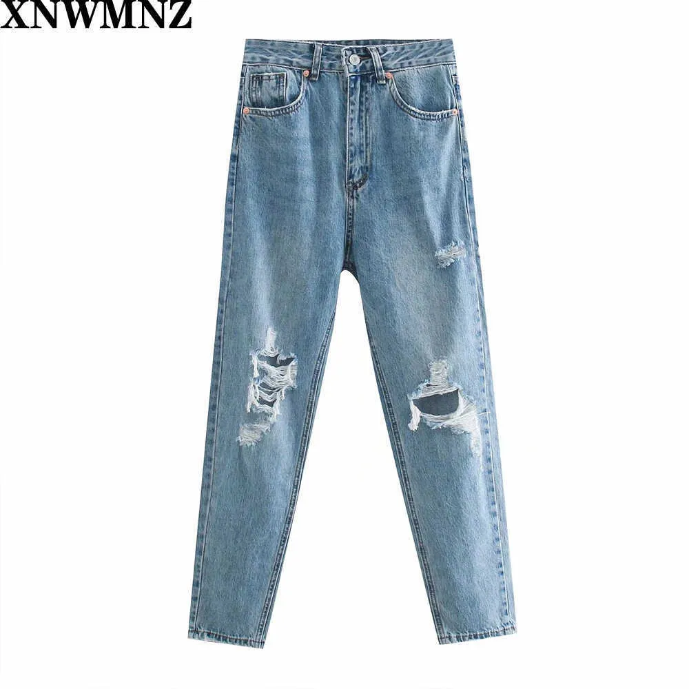 Za Faded High-талию джинсы с высокой талией с участием пяти карманного дизайна разорвал детализацию на передней и молнии и верхней части металлической кнопки Metal Battenins 210616