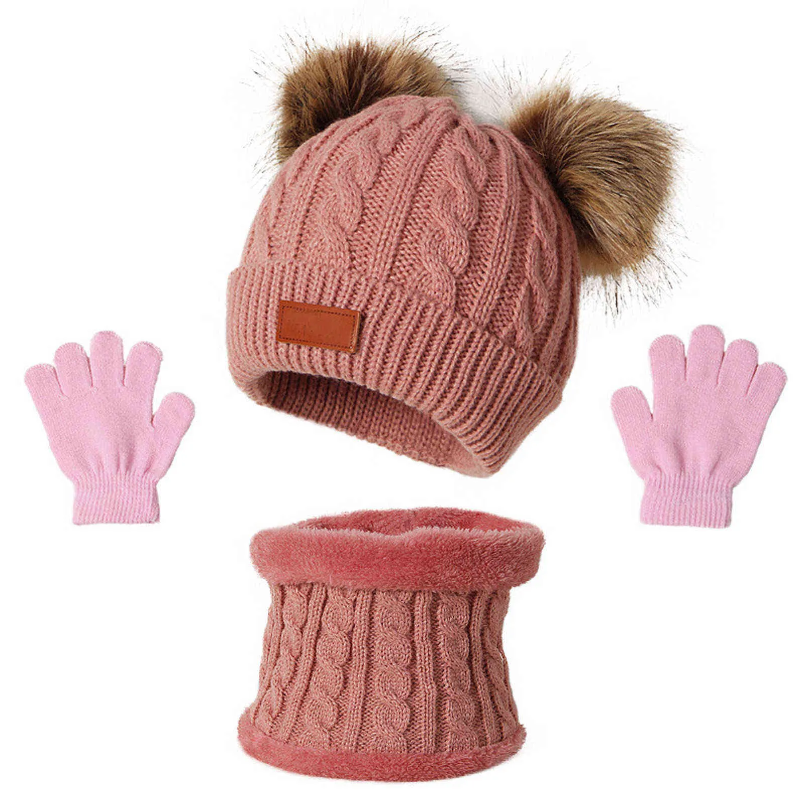 Chapeau tricoté à pompon pour bébé garçon et fille, 3 pièces, joli bonnet en Crochet, écharpe, gant, accessoires pour nourrissons, costume chaud d'hiver