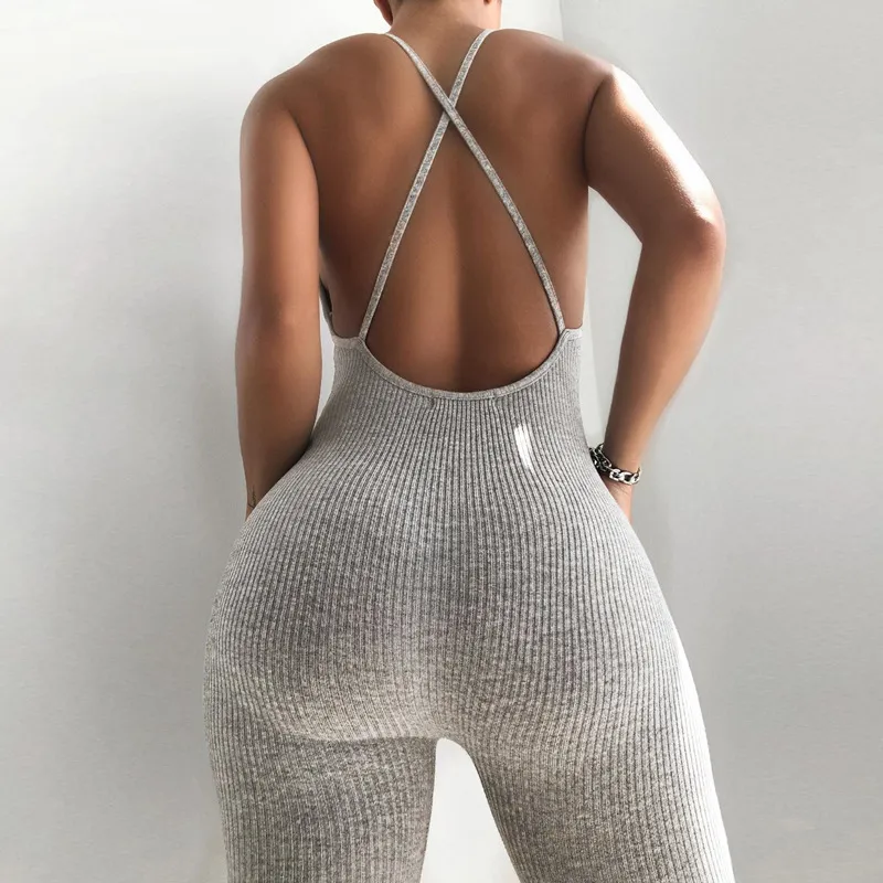 Joskaa V Neck Summer New Sexy Strap Active Sports Jumpsuit Women Club Streetwear Bandage Rompers Backless Wear Outfits Pullover 210326