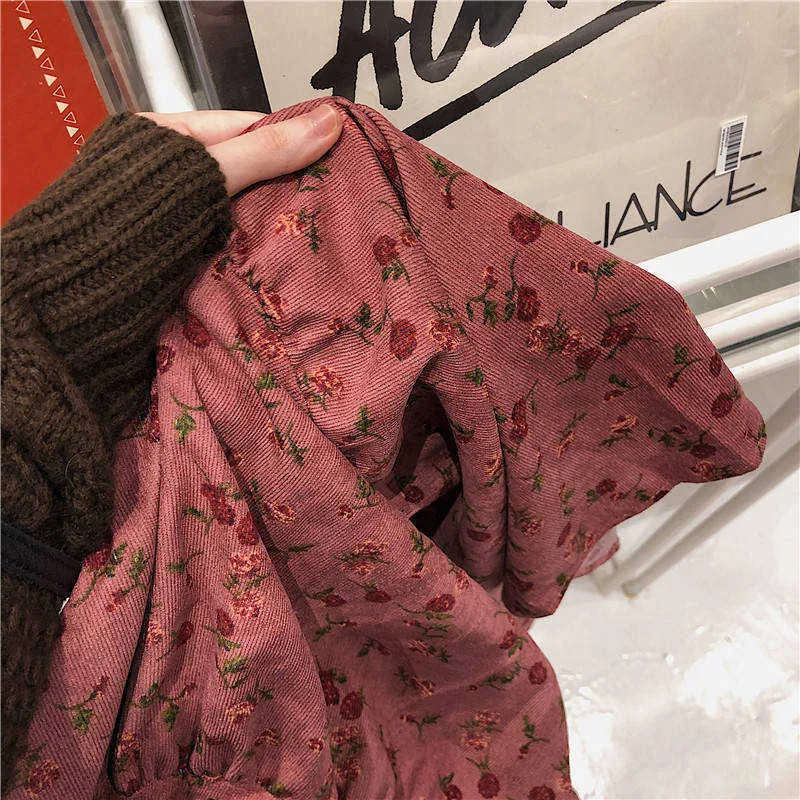 Corduroy High Waist Winter Long Skirts A-line Women Flower Print Maxi Female Vintage pleated Cute Girls Streetwear 210621