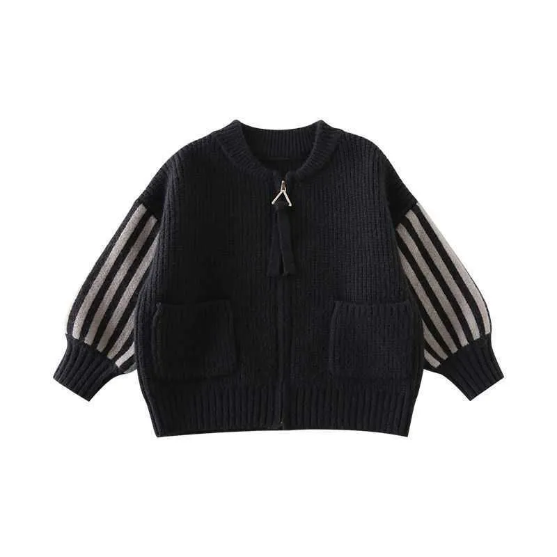 Barnens Casual Cardigan Sweater Coat Girls Kids Pullover Striped Baby Boy Girl Höst Toppar Kläder Boys Sweaters Tiny Cottons Y1024