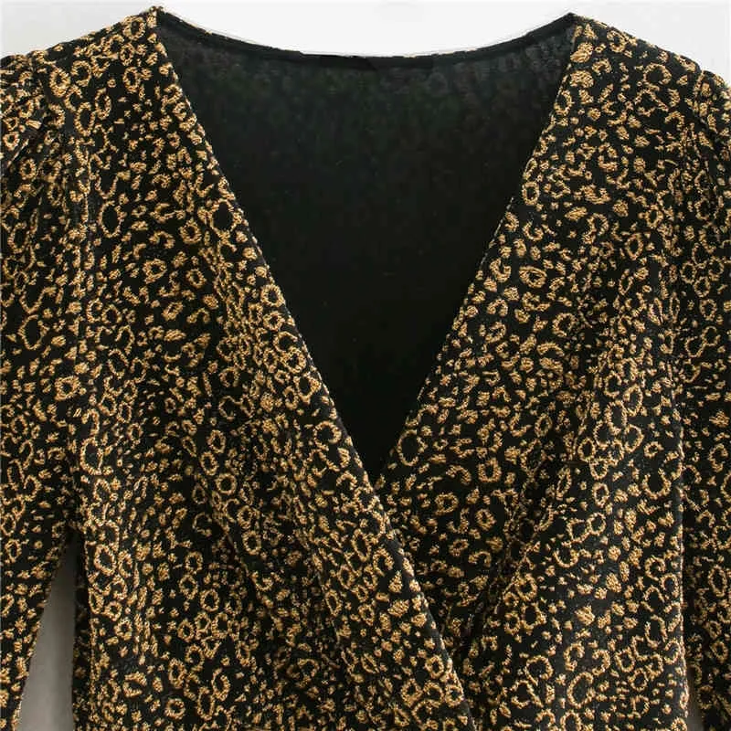 Gold Printed Leopard Mini Party Dress Women Winter Elegant Wrap Long Sleeve Woman Vintage Sexy es 210519