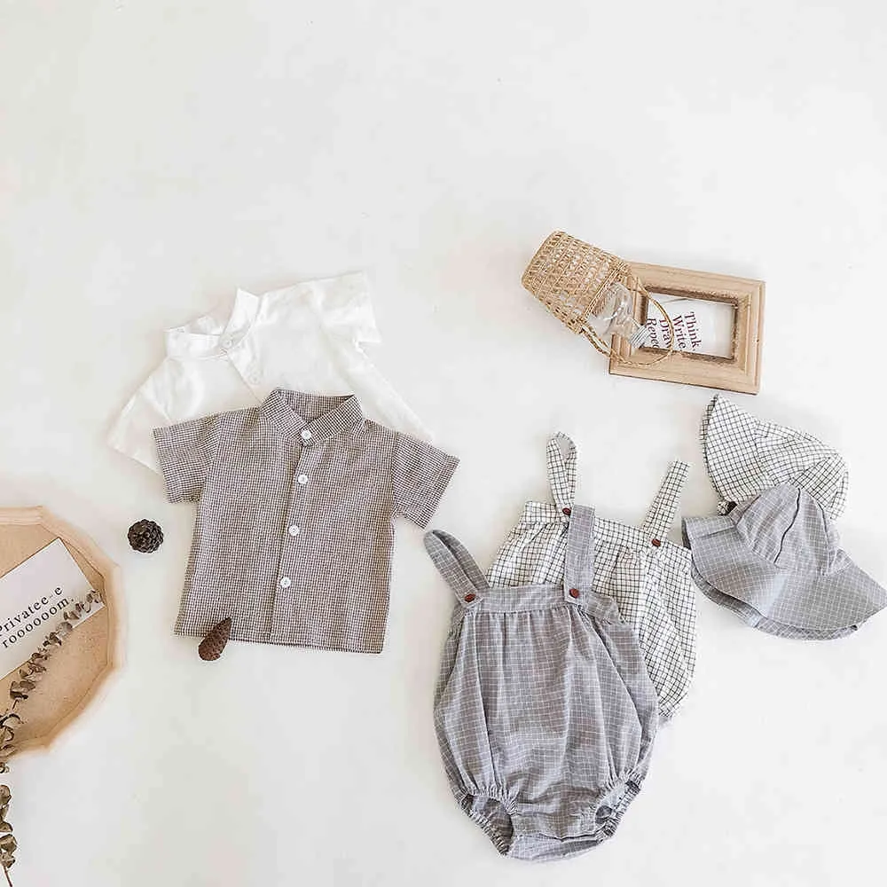 Summer Plaid Sling Romper + Hat Infant Boy Girl Set Short Sleeve Shirt Baby Clothes Casual Cute 210515