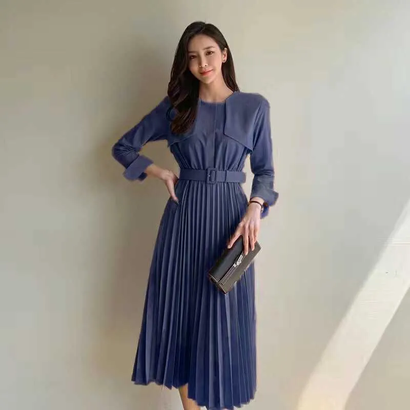 korea Dress for women autumn Long Sleeve O neck polyester Office wear Sexy Ladies pleated long dresses 210602