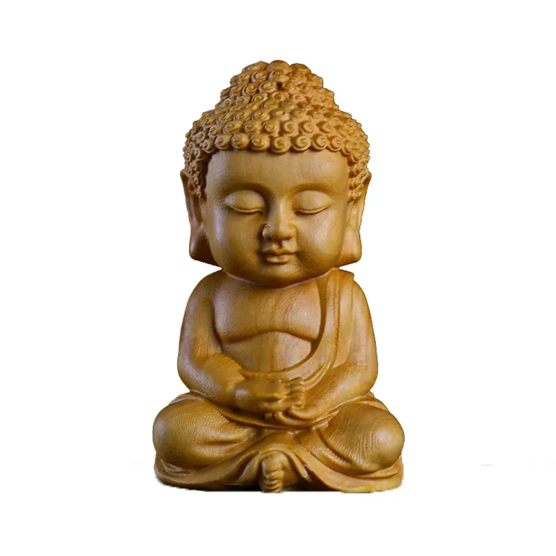 Statue de Bouddha Bois Sakyamuni Buis Artisanat En Bois Voiture Maison Figurines Décor Petit Moine De Méditation Miniature Artisanat Thé Pet GY12 210329