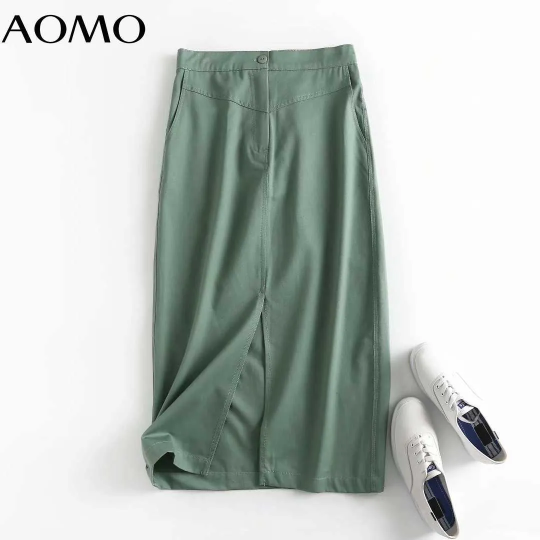 AOMO Kadınlar Yeşil Pamuk MIDI Etek Faldas Mujer Vintage Fermuar Ofis Bayanlar Zarif Chic MID Buzağı Etekler 4C99A 210629