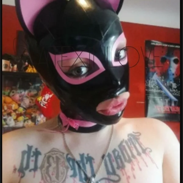 Masque de capuche fétiche en Latex noir Sexy, oreilles de chat, Gummi avec fermeture éclair au dos, personnalisé Y0804223H