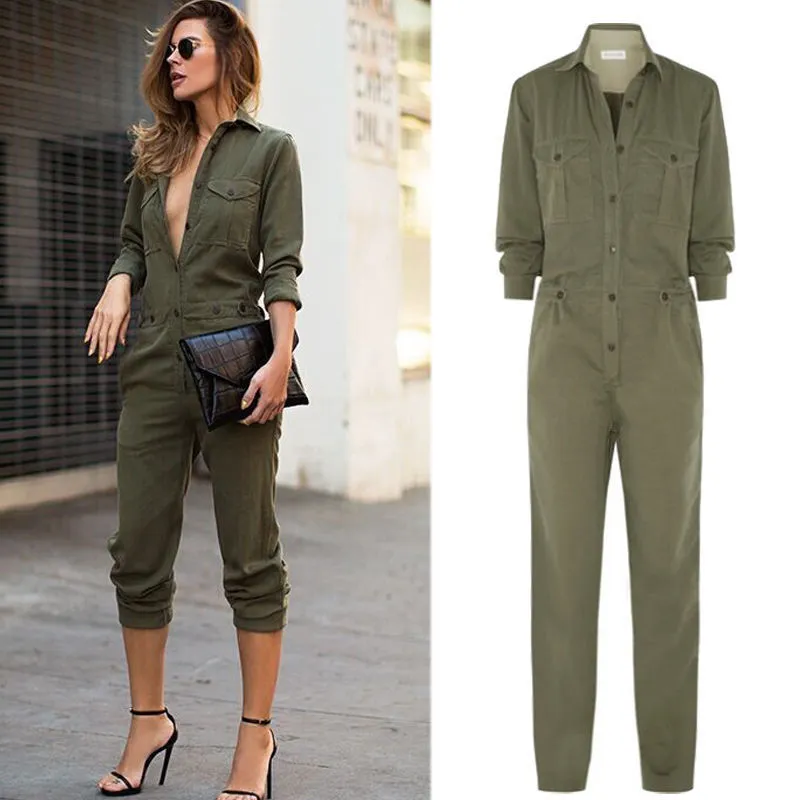 Women Jumpsuit Army Green Rompers s High Waist Slim Long Sleeve Fashion 210513