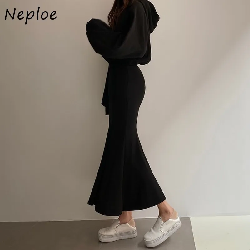 Koreanska temperament 2 st Kvinnor Set O Neck Långärmad Pullover Hoodies + Hög midja Hip Mermaid Skirt Spring Suit 210422