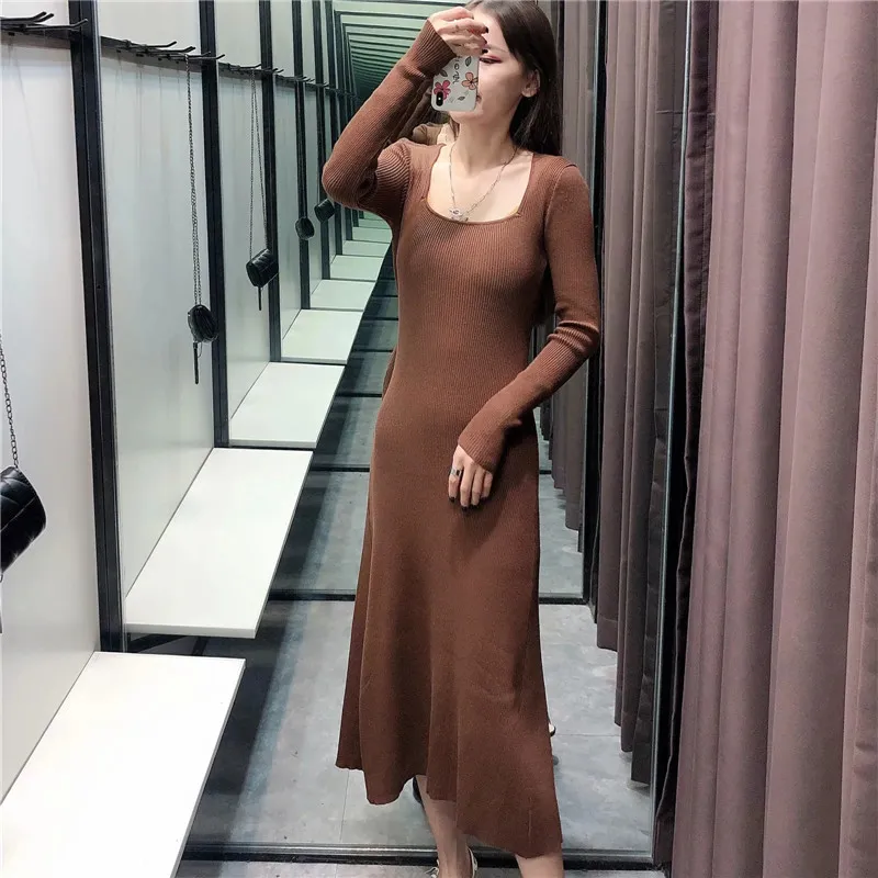 Autumn Knitted Sweater Midi Dress Women Vintage Square Neck Long Sleeve es Woman Flared Hem Elegant Casual 210519