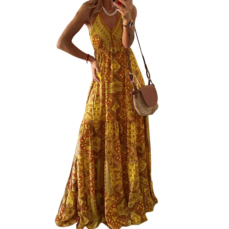 GetSpring女性のドレスノースリーブVネックプリントプラスサイズの長い花夏セクシー210524のためのボヘミアンのドレス