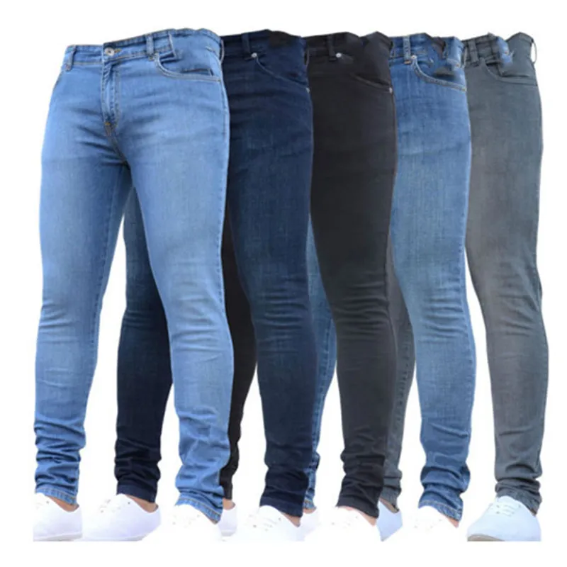 Hommes Jeans Pantalon Slim Fit Stretch Mid Taille Denim Crayon Pantalon Casual Pure Color Skinny Noir Pantalones Vaqueros