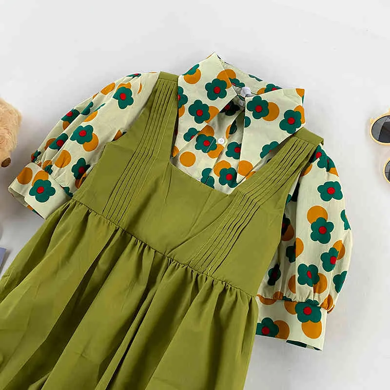 Kimutomo, traje coreano para mujer, camisa de manga corta con estampado Floral en contraste de Color de primavera + vestido de tirantes lisos con volantes largos, dos piezas 210521