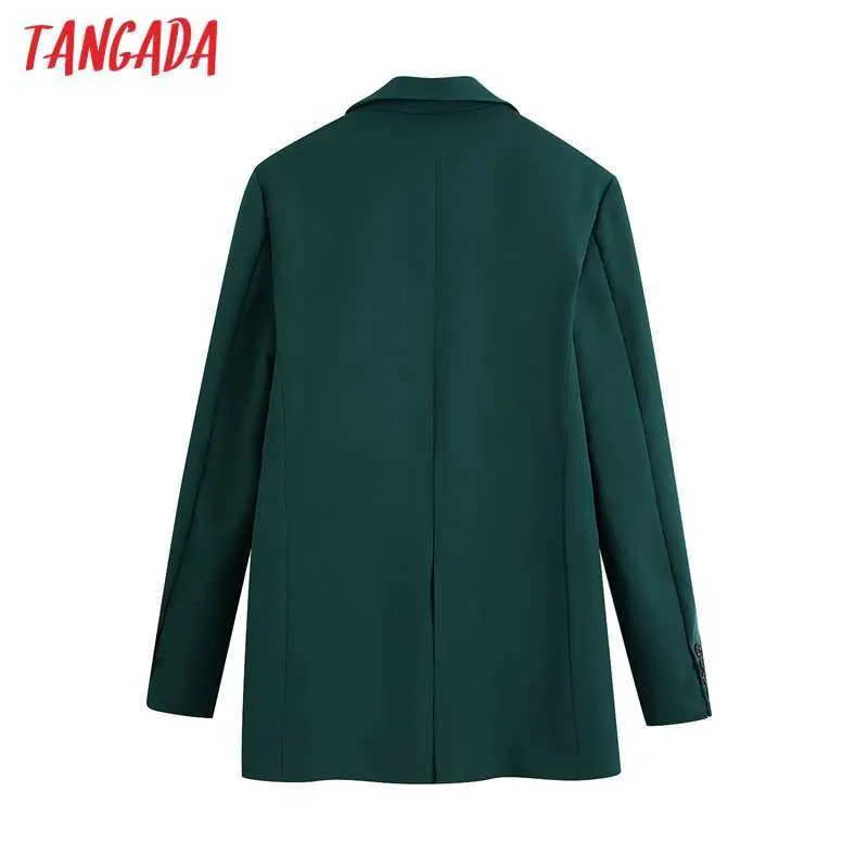 Tangada Women Office Wearシングルボタングリーンブレザーコートヴィンテージ長袖背中ベント女性アウターシックベストBE413 211006