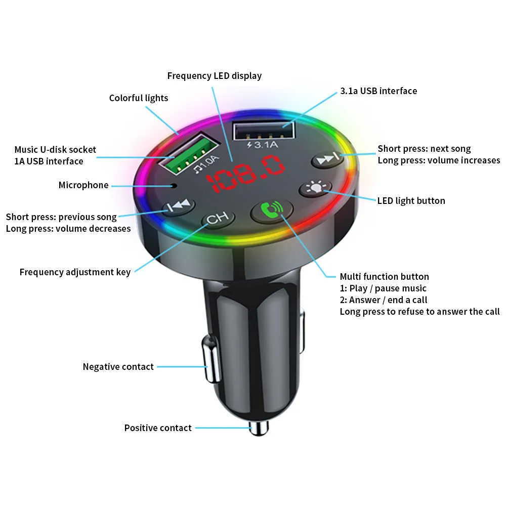 Bil Bluetooth FM-sändare 7 färger LED Bakgrundsbelyst bilradiofri MP3 Musikspelare Atmosfär Ljusmottagare USB-laddare