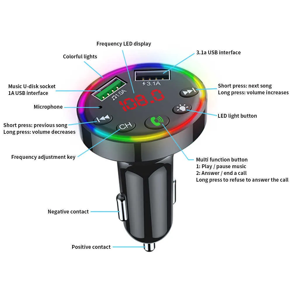 Car Bluetooth FM -передатчик 7 цветов светодиодные автомобильные радиопередачи Mp3 Музыкальный игрок атмосфера Light Audio Receiver USB Charger3310