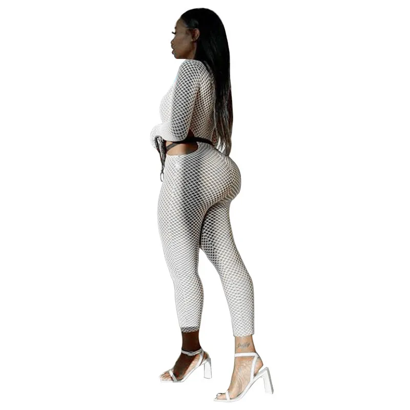 Hollow Out See Through White Jumpsuit Recommend Style Long Sleeve Overalls For Women Fashion Party Spring Clothes 210525