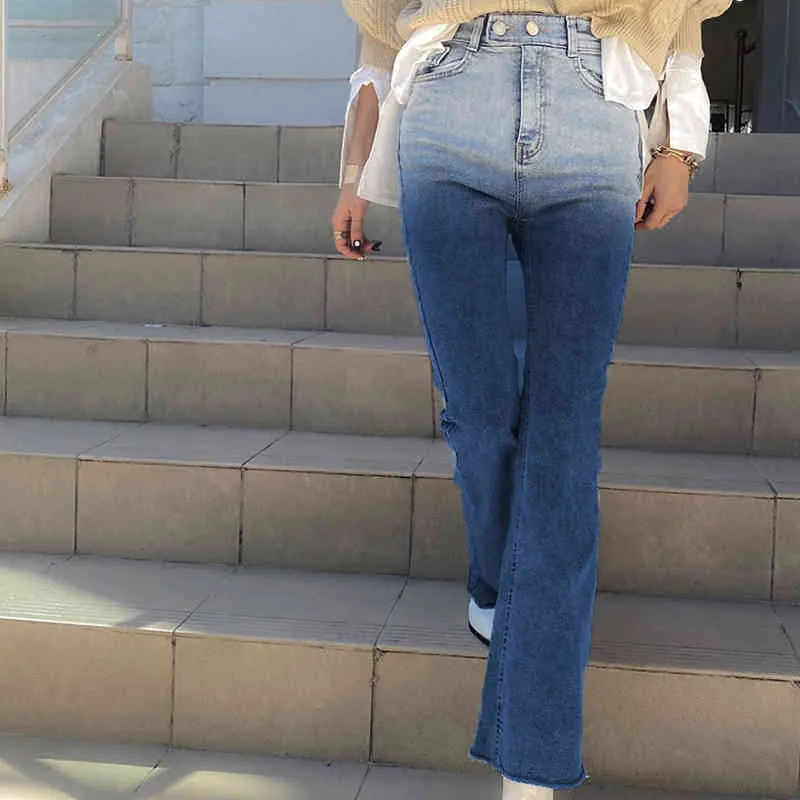 Gradient Y2K Flare Jeans For Girls Fashion Summer Casual Women's Vintage Denim Pants High Waisted Trouser Female Capris 210510