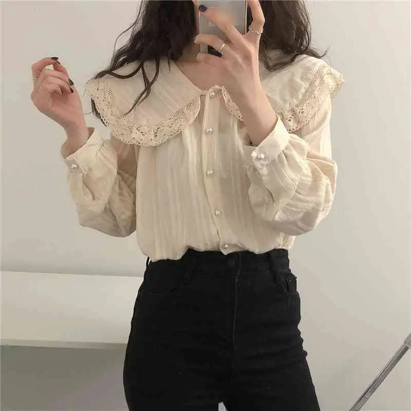 Ezgaga Blouse Women Sping Peter Pan Gology с длинным рукавом Корейская мода Свободные кружева Лоскутное покрытие Сплошные женские Рубашки Сладкие Blusas 210430