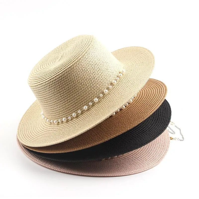 Stingy Brim Hats Straw Hat Female British Pearl Fashion Party Flat Top Chain Strap And Pin Fedoras For Woman A Street-style Shooti302s