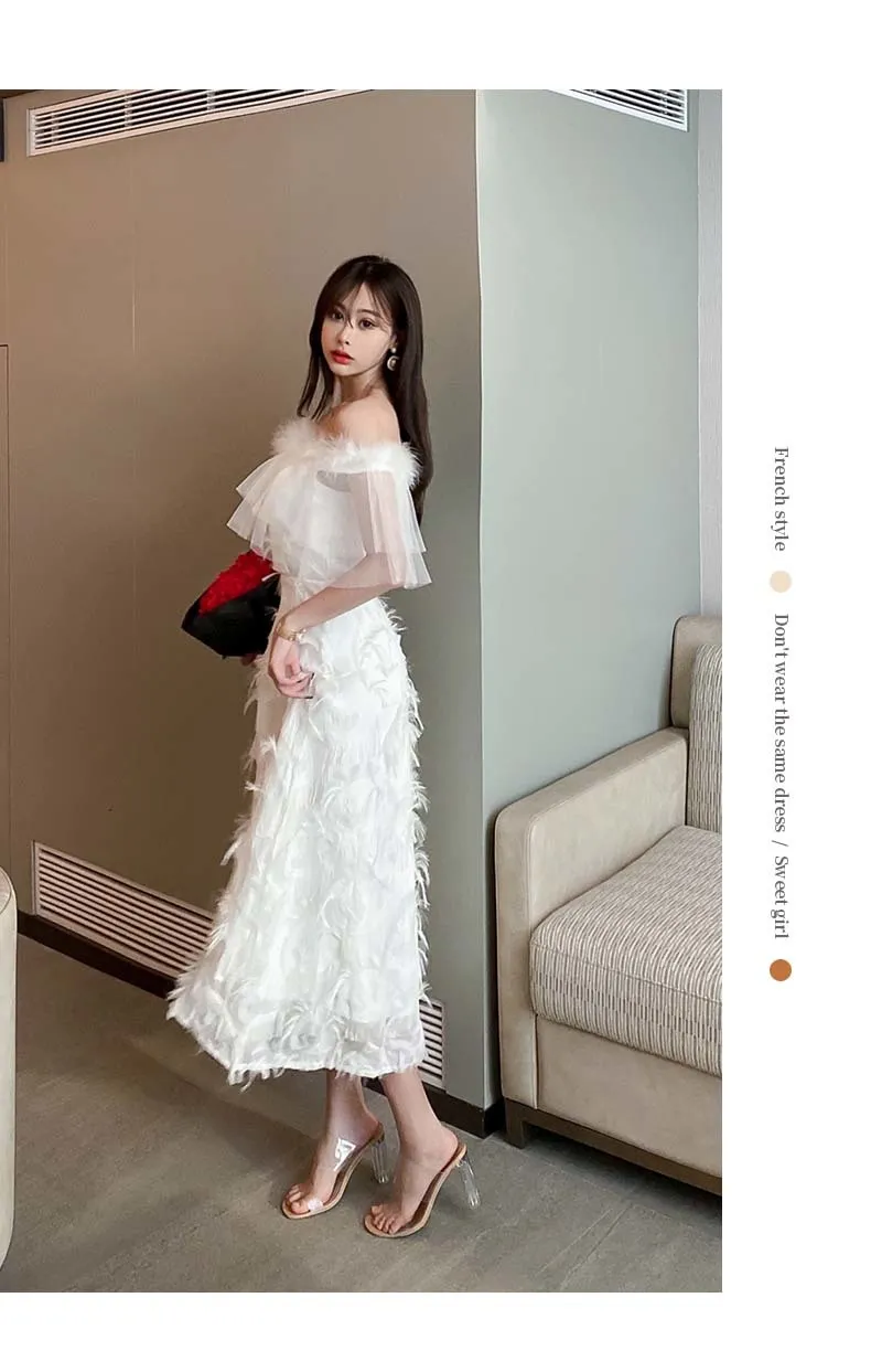 Lato Sexy Slash Neck Vintage Tassels Patchwork Dorywczo Żeński Duże Swing White Midi Suknie Vestidos 210514